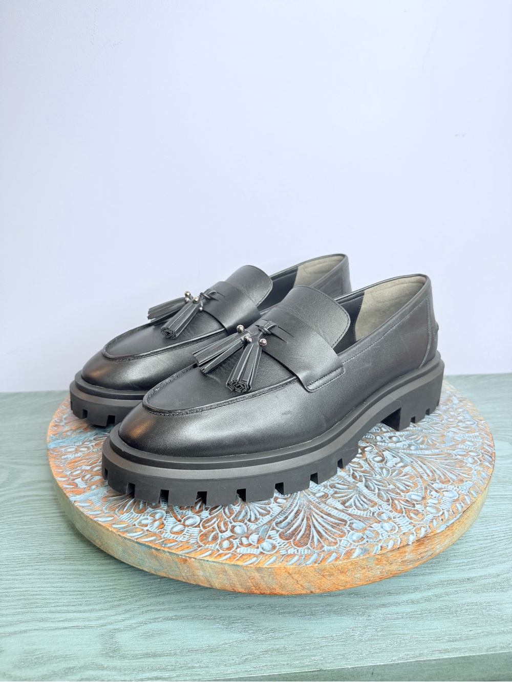 NWT Stuart Weitzman Ultra Lug Black Leather Double Tassel Loafer Size 12 - Picture 15 of 16